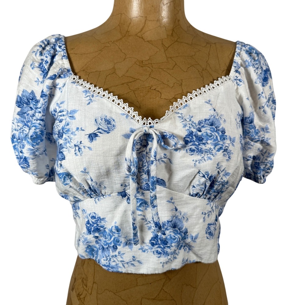 Monteau Los Angeles Blue White Floral Puff Sleeve Crop Top Sweetheart Neck M